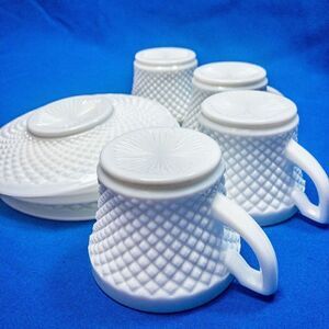 VTG Westmorland English Hobnail Milk Glass Cup & Saucer -Service for 4